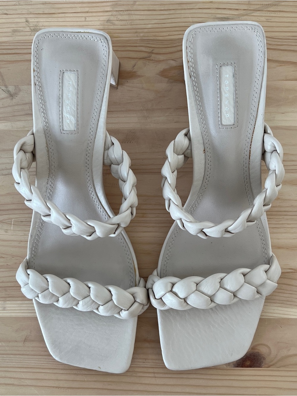 Topshop Cream Braided Strap Square-Toe Heels